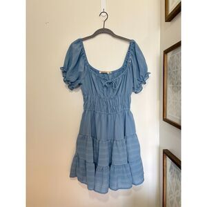 Liberty Love Blue Gingham Puff Sleeve Mini Dress‎ Cottagecore L Babydoll Prairie